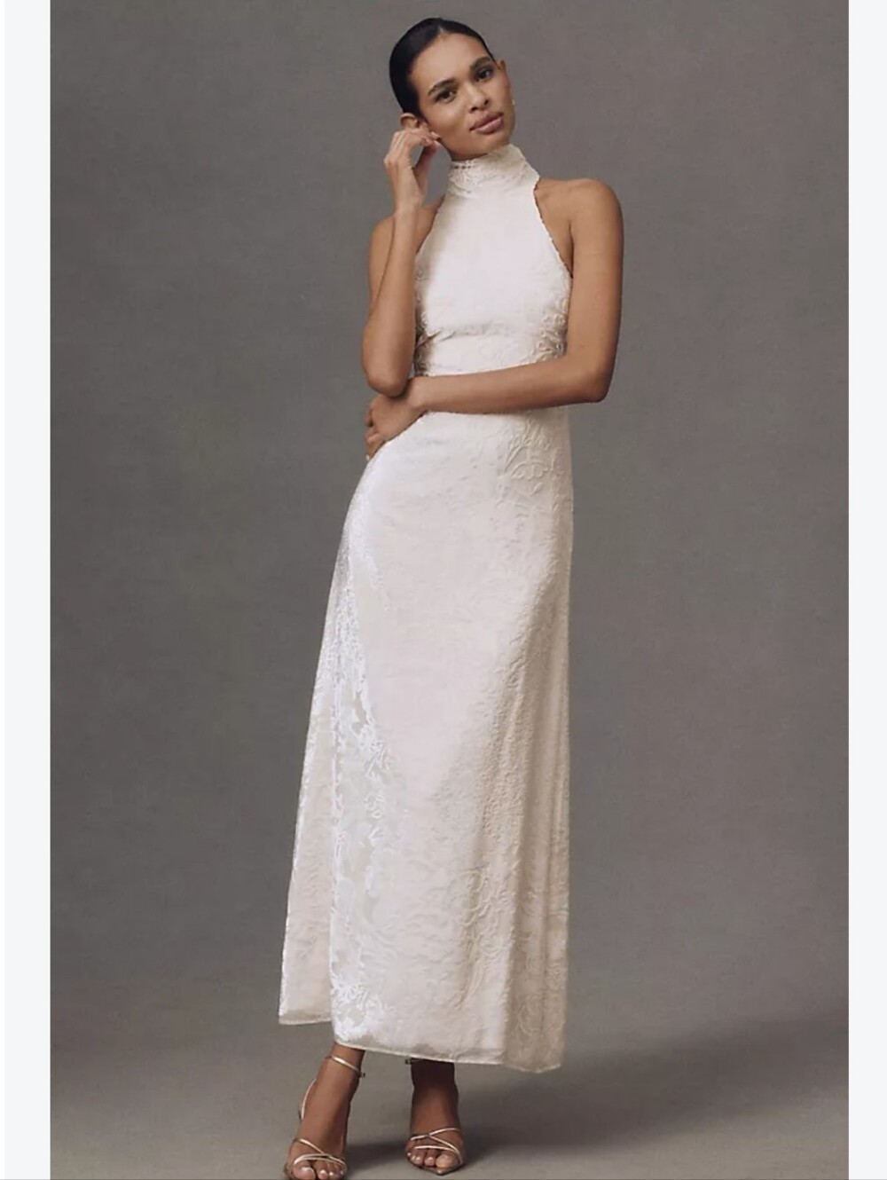 NWT BHLDN High-Neck Velvet  Ivory Scallop-Hem Maxi Dress